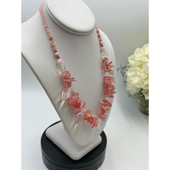 Cherry Quartz & Clear Quartz Chip Bead Statement Necklace Pink Coral Gemstone - Picture 11 of 13